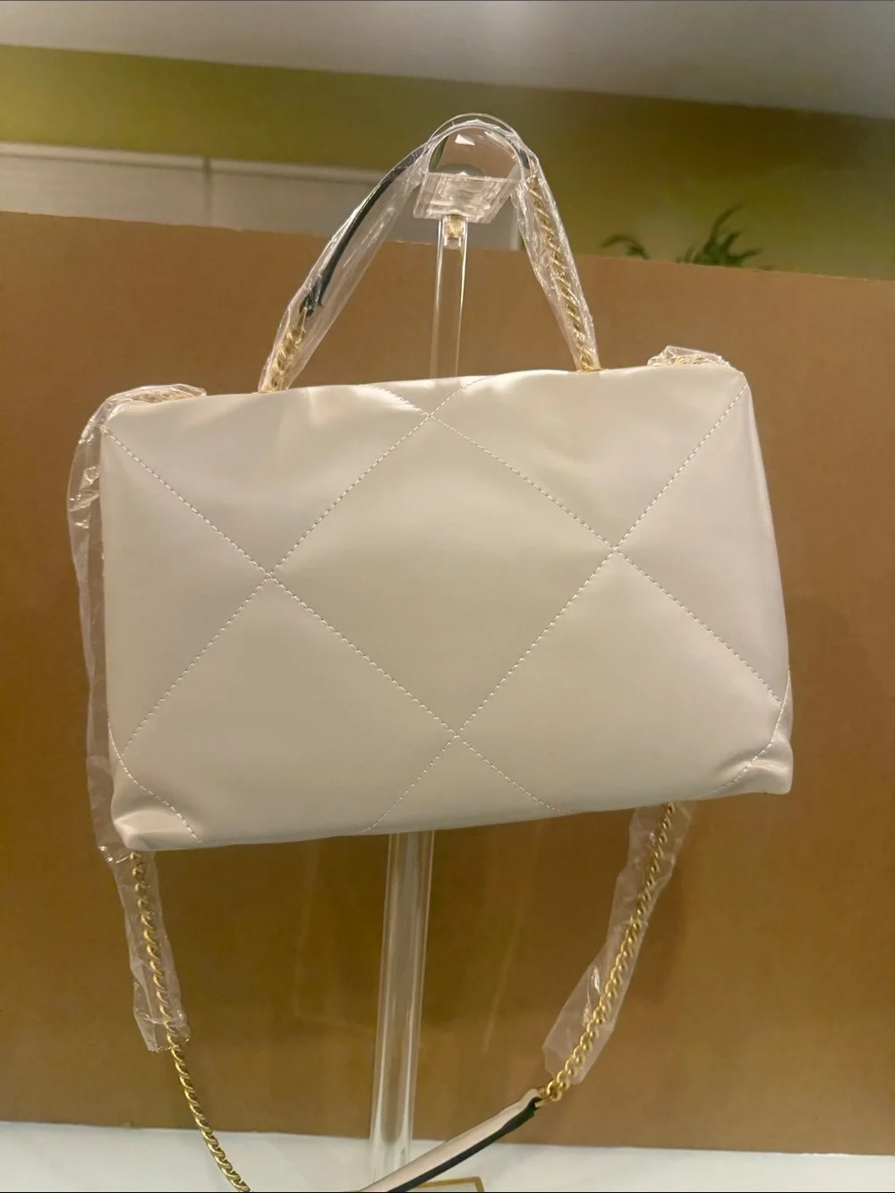 Tory Burch Cream Quilted Leather Chain Shoulder Bag with Top Handle